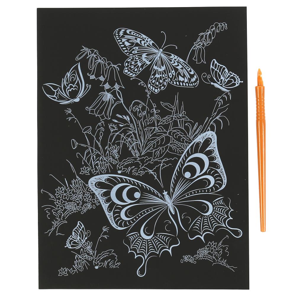 100SCRATCHART-CLR-BUTTERFLY 304611 Гравюра 18*24 см бабочки, цветная MultiArt в кор.120шт