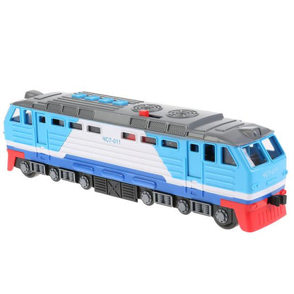 LOCO-30PL-BU Модель пластик свет-звук ТЕПЛОВОЗ 30 см, двери, 4 кнопки, инер, синий, кор. Технопарк в к