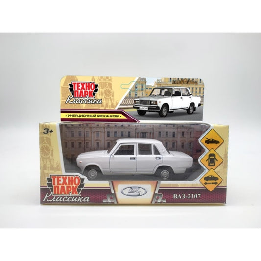 Машина металл ваз-2107 длина 12 см, двери, багажник, инерц, белый, кор. Технопарк в кор.2*36шт