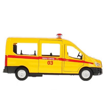 Машина металл FORD Transit скорая 12см, открыв. двери, инерц. в кор. Технопарк в кор.2*24шт