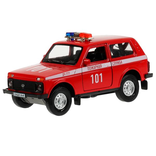 Technoparc. Garage "Пожарная часть" plastique 20,5 cm, + machine LADA 4x4, rouge, art.GARAGESMA-20PLFRI-L