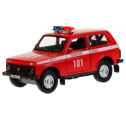 Technoparc. Garage "Пожарная часть" plastique 20,5 cm, + machine LADA 4x4, rouge, art.GARAGESMA-20PLFRI-L