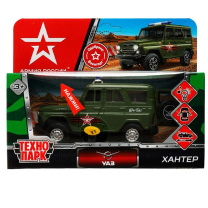 HUNTER-12SLARR-GN338203 Машина металл свет-звук UAZ HUNTER АРМИЯ РОССИИ 12 см, двер, багаж, ин, кор.