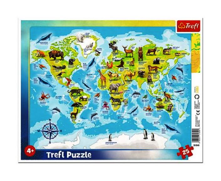 Trefl. Пазл-рамка 25 арт.31340 "Карта мира с животными" (EN)