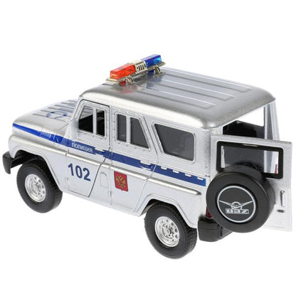 ТМ Технопарк. Машина металл "UAZ HUNTER ПОЛИЦИЯ" 12см, свет+звук, открыв. двери, инерц. в кор.2*36шт