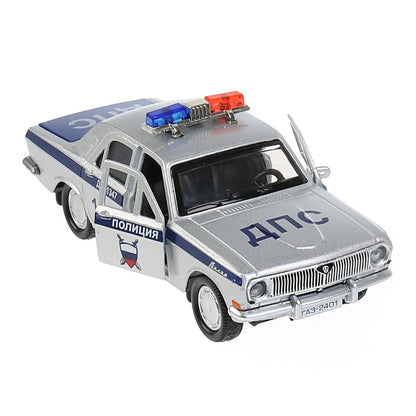 Машина металл ГАЗ-2401 ВОЛГА ПОЛИЦИЯ 12 см, двери, багаж, серебристый, кор. Технопарк в кор.2*36шт