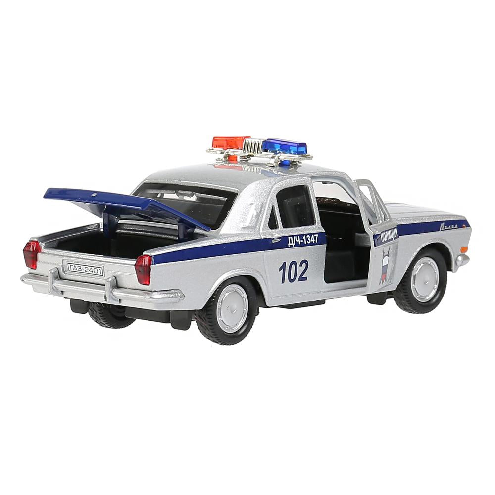 Машина металл ГАЗ-2401 ВОЛГА ПОЛИЦИЯ 12 см, двери, багаж, серебристый, кор. Технопарк в кор.2*36шт