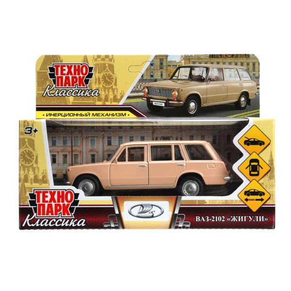 Машина металл ваз-2102 12 см, двери, багажник, инер,бежевый, кор. Технопарк в кор.2*36шт