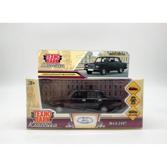 Машина металл ваз-2107 длина 12 см, двери, багажник, инерц, черный, кор. Технопарк в кор.2*36шт
