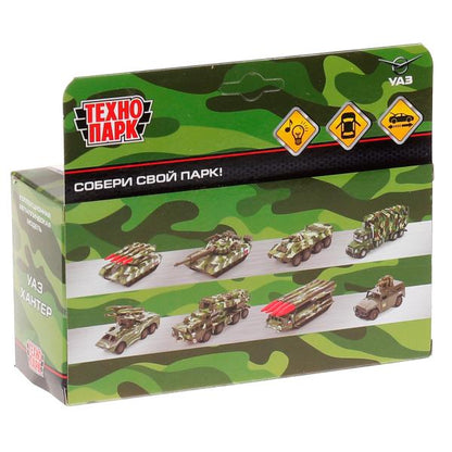 Машина металл свет-звук UAZ HUNTER beach воен., 11,5 см, двер,баг.,ин.,кор. Технопарк в кор.2*36шт