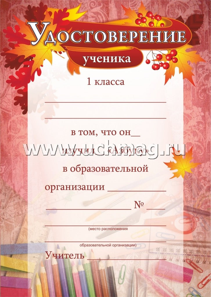 Удостоверение ученика 1 класса об изучении "Азбуки". (Формат А5, бумага мелованная пл.250)