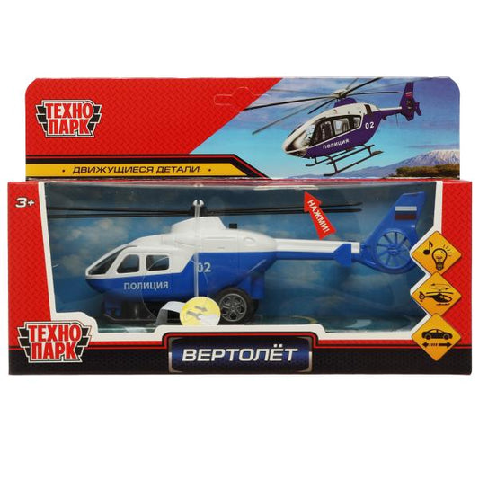 Модель пластик свет-звук ВЕРТОЛЕТ ПОЛИЦИЯ 20 см, подв. дет., инерц., кор. Технопарк в кор.2*96шт