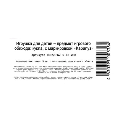 Кукла 29см София, руки и ноги сгиб., одежда, акс., kor. КАРАПУЗ в кор.18шт