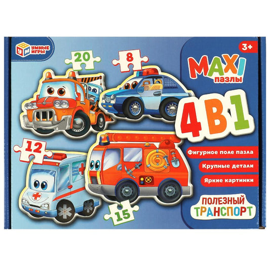 Полезный транспорт. Макси-пазлы. Набор 4 в 1: 8, 12, 15 и 20 деталей. Умные игры в кор.12шт
