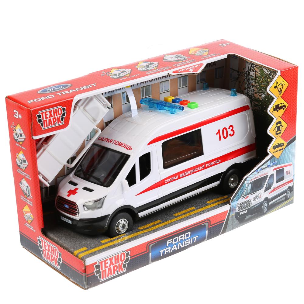 Машина свет+звук "ford transit скорая" 22,5см, plastique, инерц., белый в кор. Parc technologique dans le cor.2*18шт