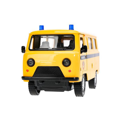 Машина металл свет-звук UAZ УАЗ 452 МИЛИЦИЯ,18,5 см,св-зв,дв,люк,баг,ин,желт Технопарк в кор.2*18шт