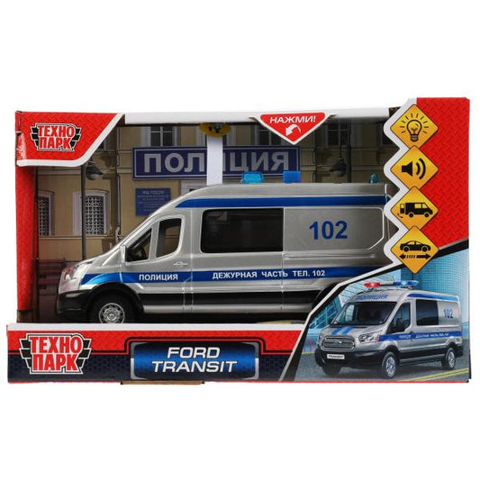 Машина пластик свет-звук FORD TRANSIT ПОЛИЦИЯ 16 см, двери, 3 кнопки, кор. Технопарк в кор.2*36шт