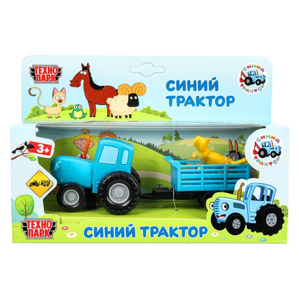 Машина металл СИНИЙ ТРАКТОР синий трактор с телегой 7,5 см, синий, блист. Технопарк в кор.2*36шт