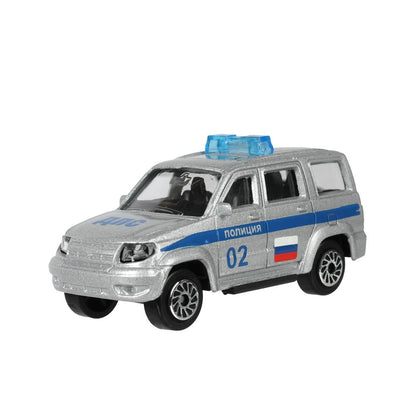 Машина металл UAZ ПАТРИОТ 7,5 см и ПОЛИЦЕЙСКИЙ УЧАСТОК 10 см, ассортимент Технопарк в кор.2*24шт