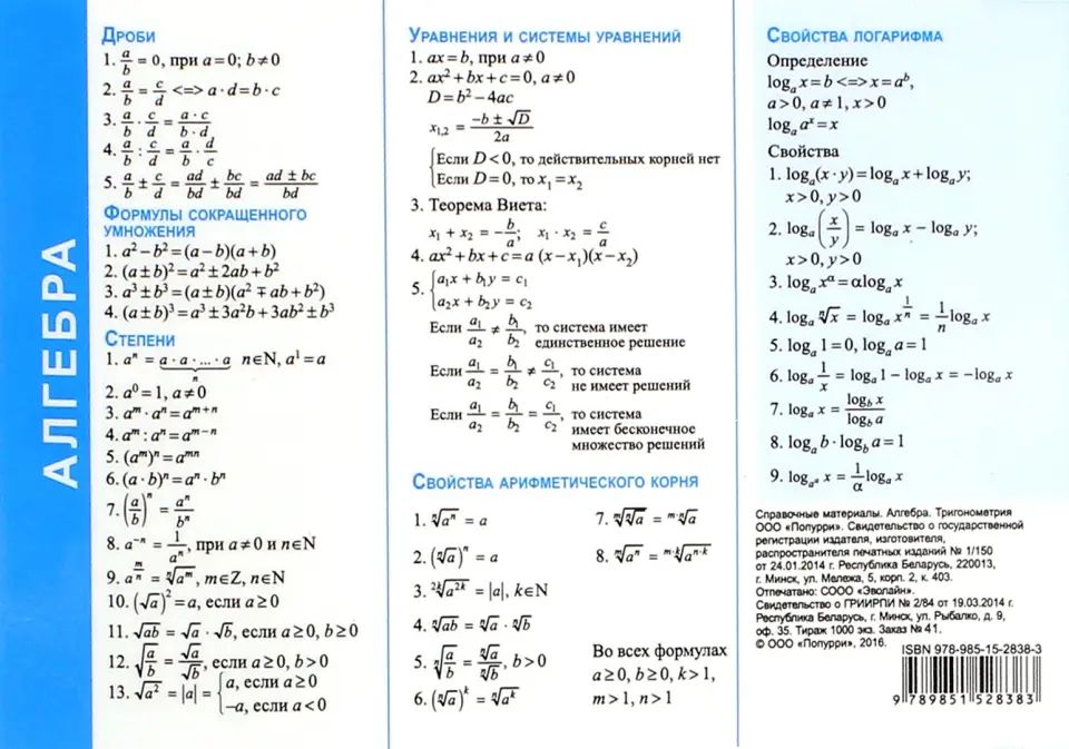 Справочные материалы: Алгебра. Тригонометрия