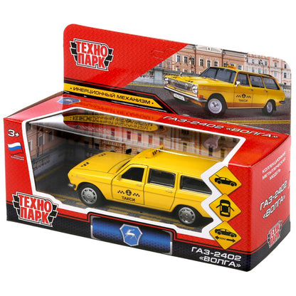 Технопарк. Газ-2402 "Волга. Такси" 12 см, металл, двери, багажник, желтая, в кор. арт.2402-12TAX-YE