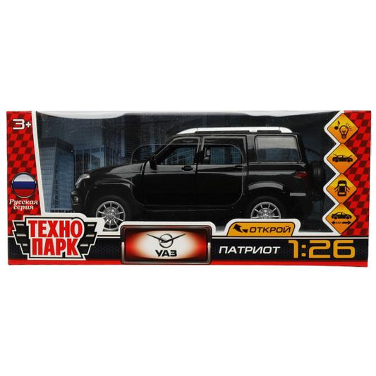 Машина металл свет-звук UAZ ПАТРИОТ 17,8 см, двери, инерция, черн, кор. Технопарк в кор.2*24шт