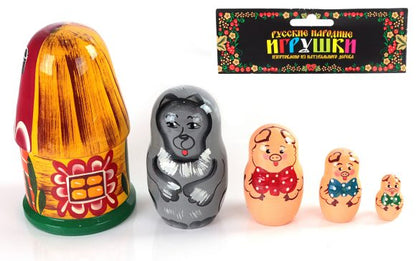 Матрешка "Три поросенка" (5 в 1: дом, волк, 3 поросенка) арт.Р-45/932 (РНИ) /24