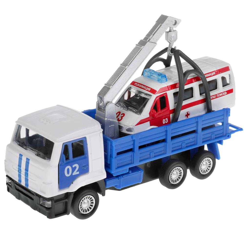 Машина металл KAMAZ ЭВАКУАТОР, 12 см, дв., подв.дет., инерц.+скорая 7,5 см Технопарк в кор.2*24шт