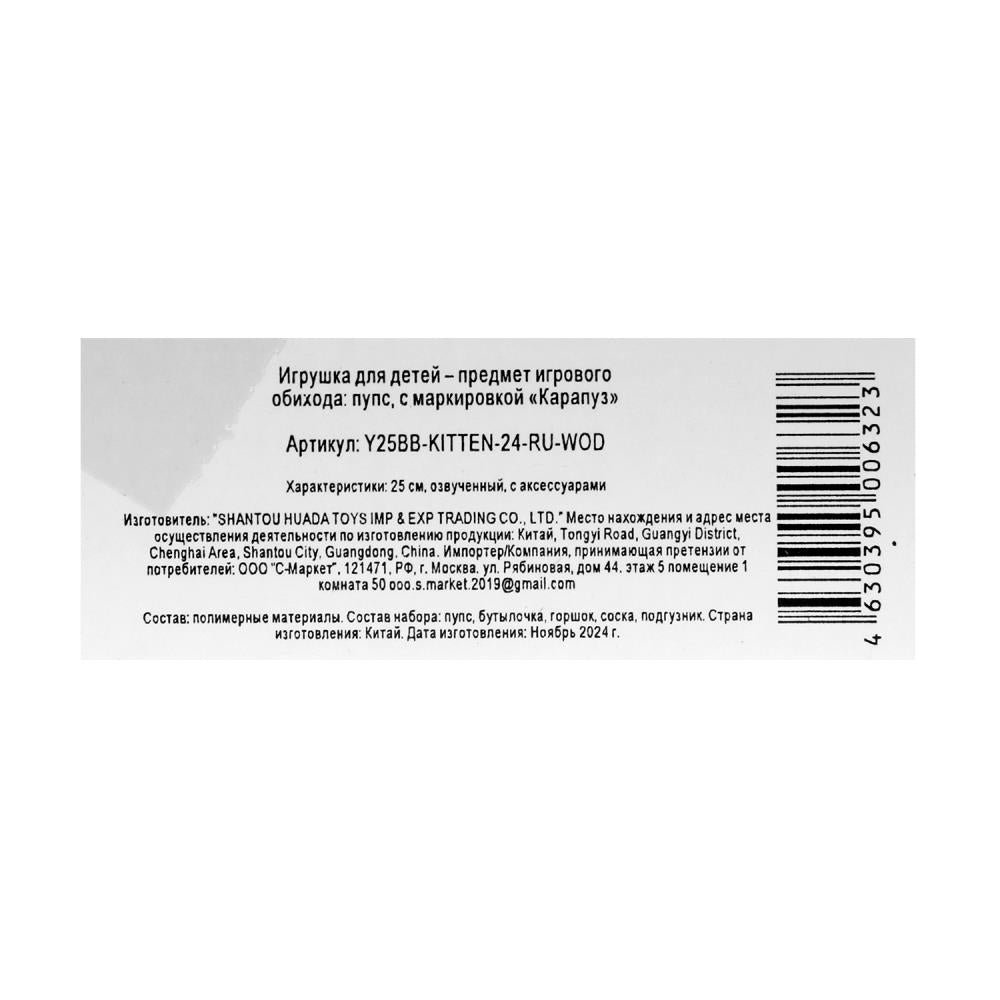 Пупс озвучивает 25см, пьет, пишет, закр. глазки, 4акс, 50 звуков КАРАПУЗ в кор.24шт