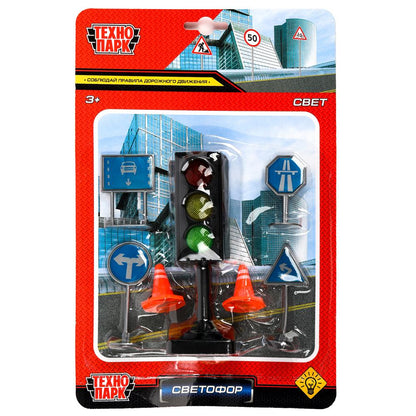 Модель пластиковый свет СВЕТОФОР С ДОРОЖНЫМИ ЗНАКАМИ, блистер Технопарк в кор.2*96шт