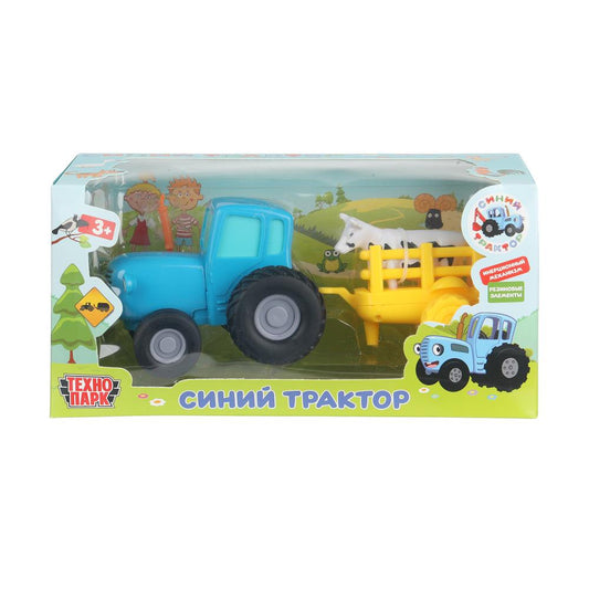 Машина металл СИНИЙ ТРАКТОР с телегой и коровой 11 см, инерц, синий, кор. Технопарк в кор.48шт