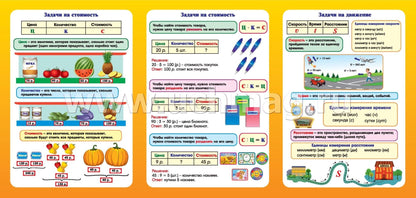 Решение текстовых задач. Математика. Задачи на стоимость, движение, производительность (работу): 9 секций. (Размер 280х200, картон макулатурный пл. 350)