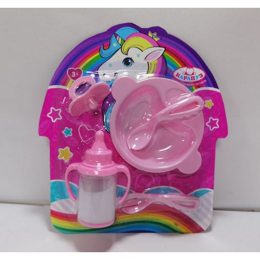 Набор аксессуаров, 5 предметов: поильник, соска, ложка, вилка, тарелка, блист. КАРАПУЗ в кор.2*144шт