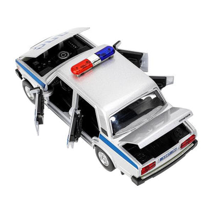 Машина металл свет-звук LADA ваз 2107,дв,к,баг,св-зв,ин,17,5 см,ПОЛИЦИЯ сер Технопарк в кор.2*18шт