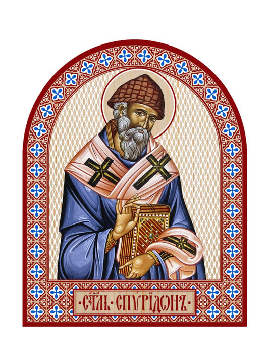 Икона аркой Спиридон Тримифунтский (голубое облачение), свт. (на дереве): 95 х 120