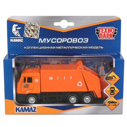 Машина металл КАМАЗ МУСОРОВОЗ, 12 см, двери., подвиж.дет., инерц., кор. Технопарк в кор.2*24шт