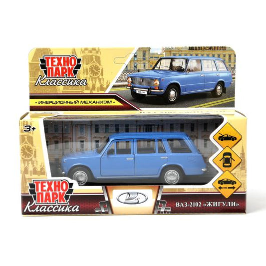 Машина металл ваз-2102 12 см, двери, багажник, инер,голубой, кор. Технопарк в кор.2*36шт