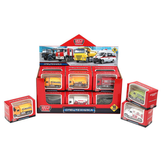 Машина металл СПЕЦТЕХНИКА 7,5 см, в ассортименте, дисп., кор. Технопарк уп-18шт в кор.20уп