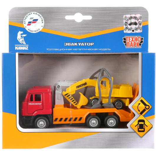 ТМ ТЕХНОПАРК. МАШИНЫ МЕТАЛЛ. КАМАЗ ЭВАКУАТОР 12СМ, ИНЕРЦ. + ЭКСКАВАТОР 7,5СМ В КОР. в кор.2*24шт