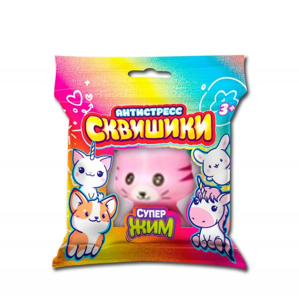 Сквиш антистресс животные, кошечка розовая, флоупак Супер Жим в кор.6*12шт