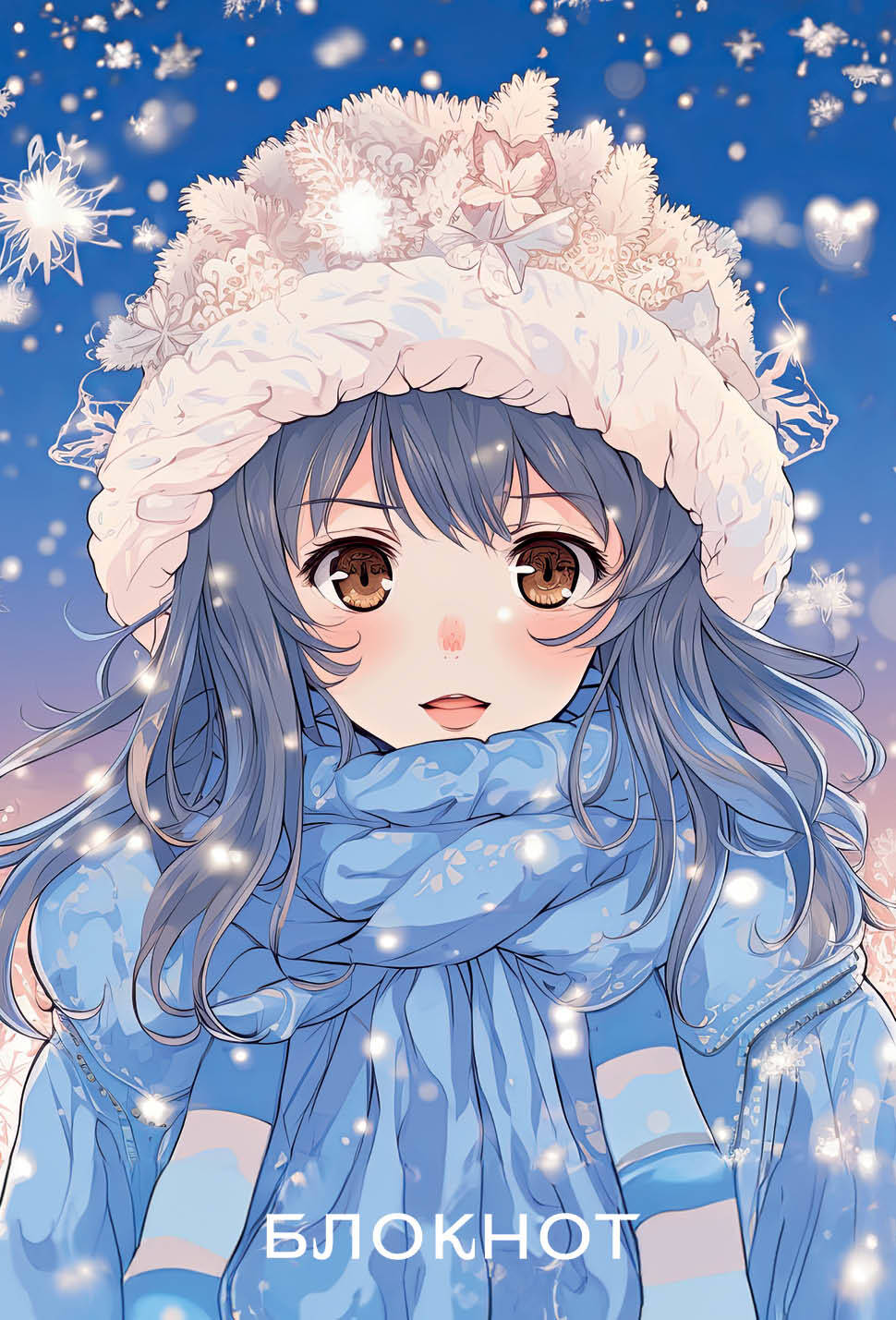 Anime. Новогодний блокнот (А6, 48 л., цветной блок, на пружине, голубой)
