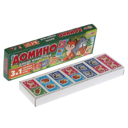 Дикие животные. Домино пластиковое. 3в1. Коробка 175х55 мм. Умные игры в кор.100шт