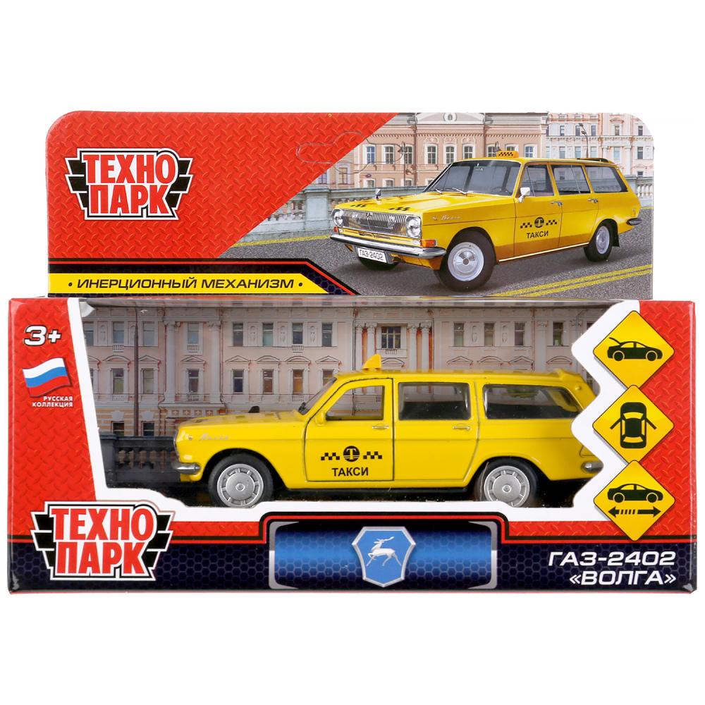 Технопарк. Газ-2402 "Волга. Такси" 12 см, металл, двери, багажник, желтая, в кор. арт.2402-12TAX-YE