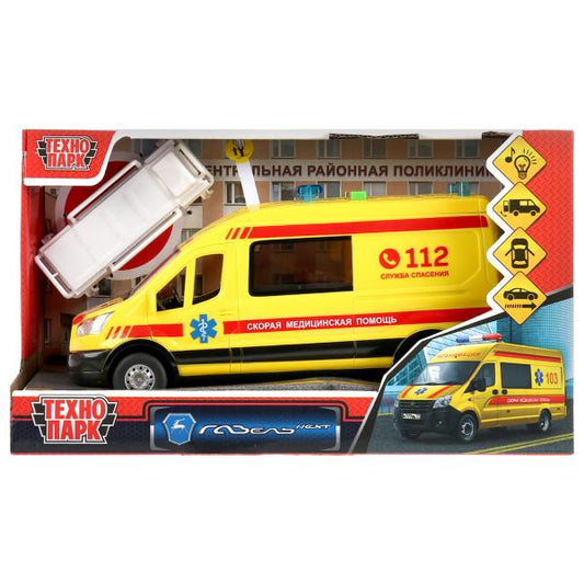 Машина свет+звук "форд транзит реанимация" 22,5см, пластик, откр.двери, инерц. Технопарк в кор2*18шт