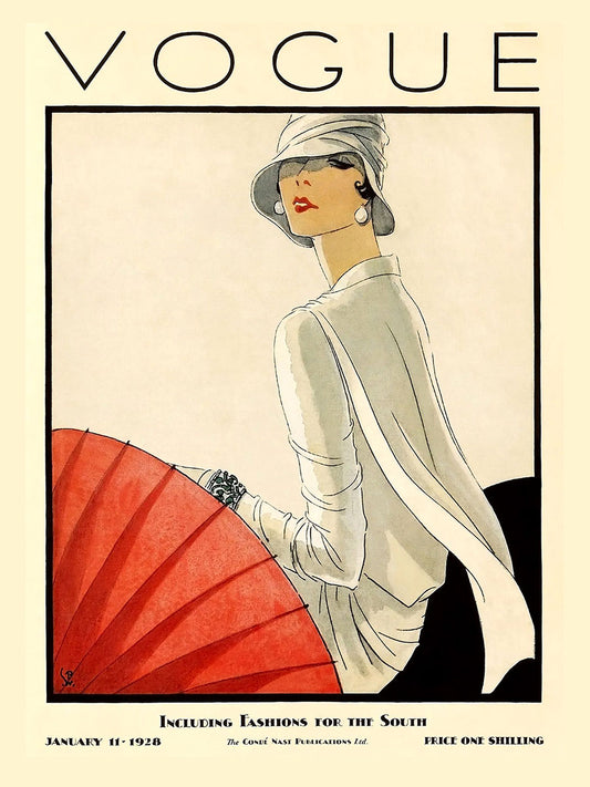 VOGUE. Дама в шляпе с красным зонтиком. Серия плакатов. Формат А4.