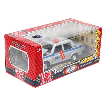 Машина металл свет-звук LADA ваз 2107,дв,к,баг,св-зв,ин,17,5 см,ПОЛИЦИЯ сер Технопарк в кор.2*18шт