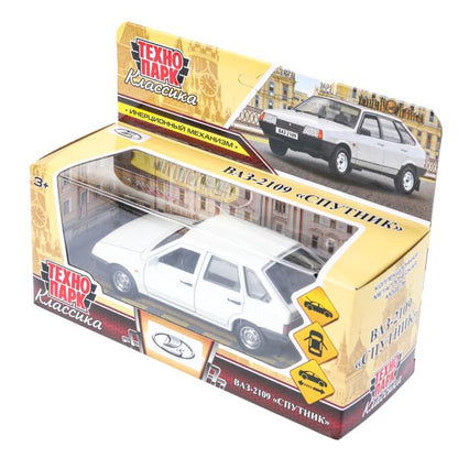 Машина металл Ваз-2109 "СПУТНИК" 12 см, двери, багажник, инер,белый, кор. Технопарк в кор.2*36шт