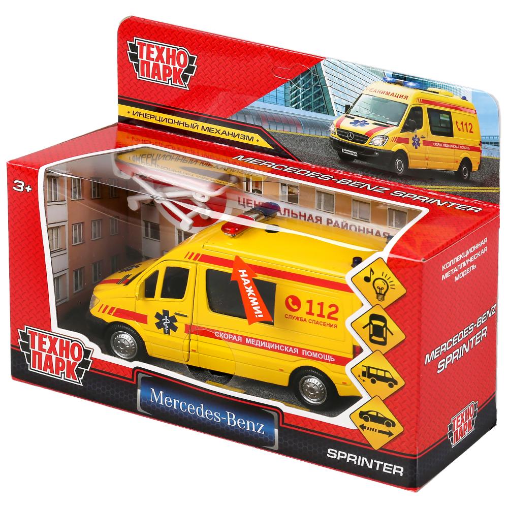 Машина металл свет-звук "mercedes-Benz sprinter реанимация" 14см,инерц. в кор. Технопарк в кор2*32шт