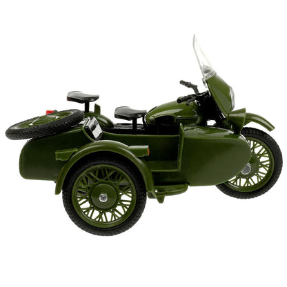 Модель металл свет-звук МОТОЦИКЛ С КОЛЯСКОЙ АРМИЯ РОССИИ 13 см, зелен, кор. Технопарк в кор.2*36шт