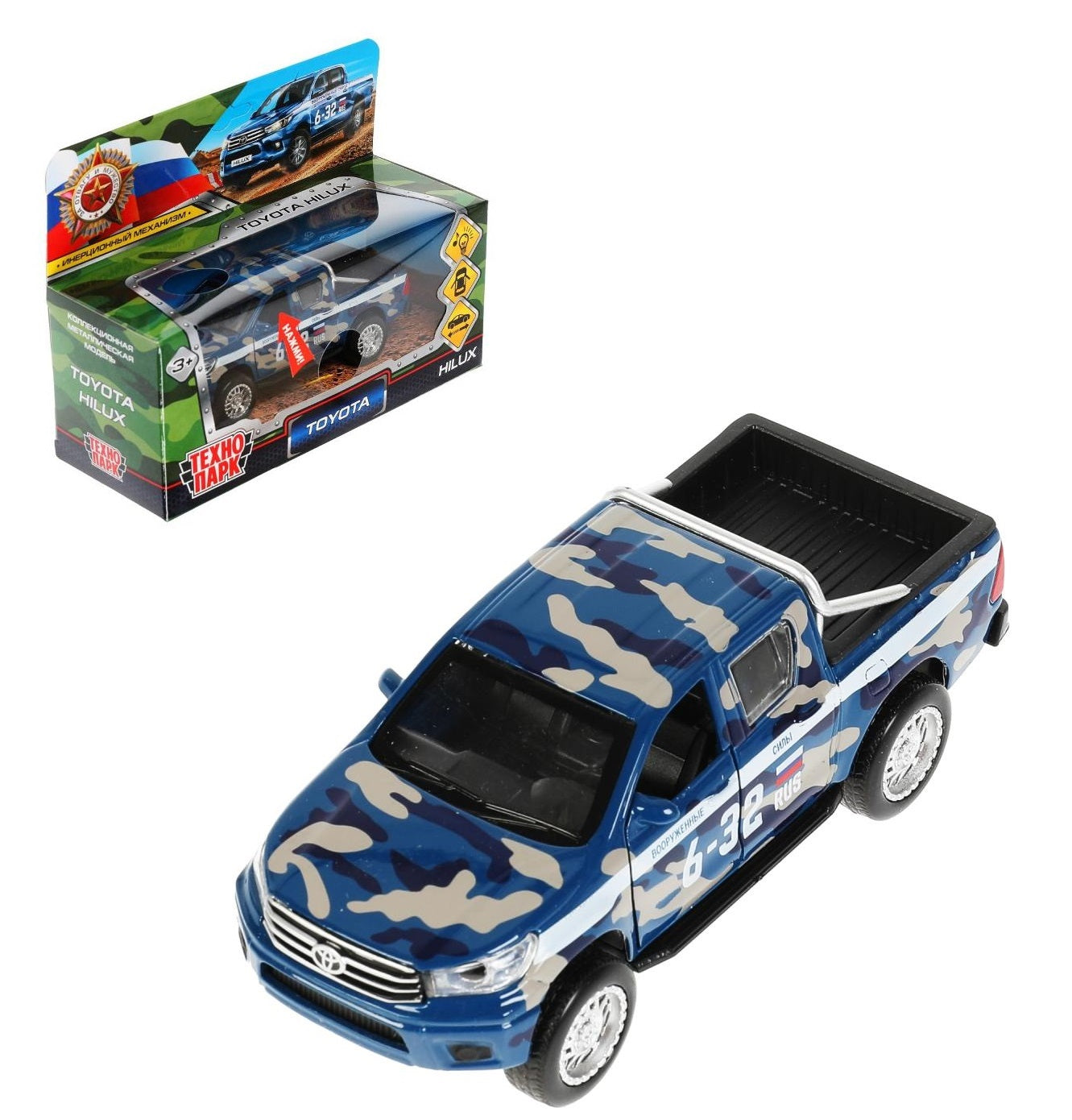 Машина металл свет-звук TOYOTA HILUX КАМУФЛЯЖ ,12 см, двери, ин, СИНИЙ, кор. Технопарк в кор.2*36шт